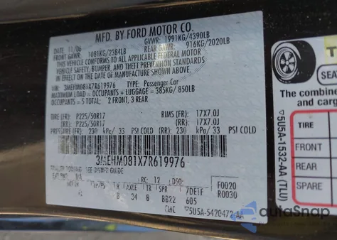 2007 Mercury Milan V6 Premier from USA, damaged, VIN 3MEHM081X7R619976